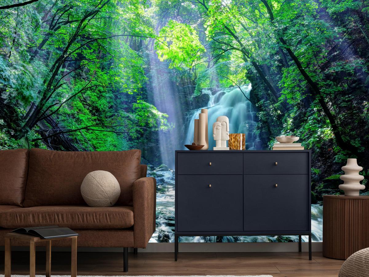 FOTOTAPETE für Schlafzimmer Wasserfall Wald Felsen Bäume Pflanzen 400x280 - Türkis/Blau, Papier (400/280cm) - Muralo