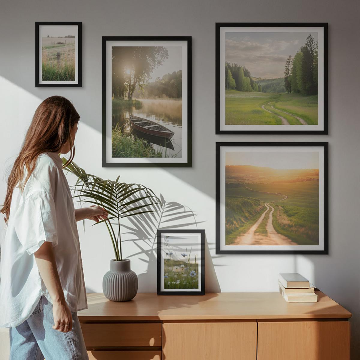 BILDER SET 5er Set - 50x50 cm & 20x30 cm & 40x60 cm Schwarzer Rahmen - Landschaftswiesenstraße West - Schwarz, Kunststoff (40/60cm) - TULUP