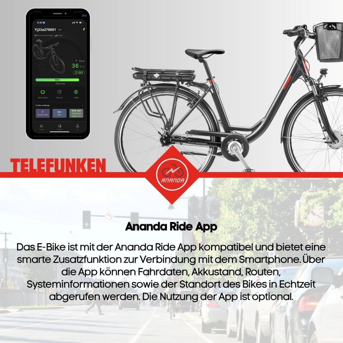 E-BIKE Cityrad Multitalent RC657 28 Zoll Elektrofahrrad 536,5 Wh Frontmotor 7-Gang-Kettenschaltung - Anthrazit, Metall (110cm) - Telefunken