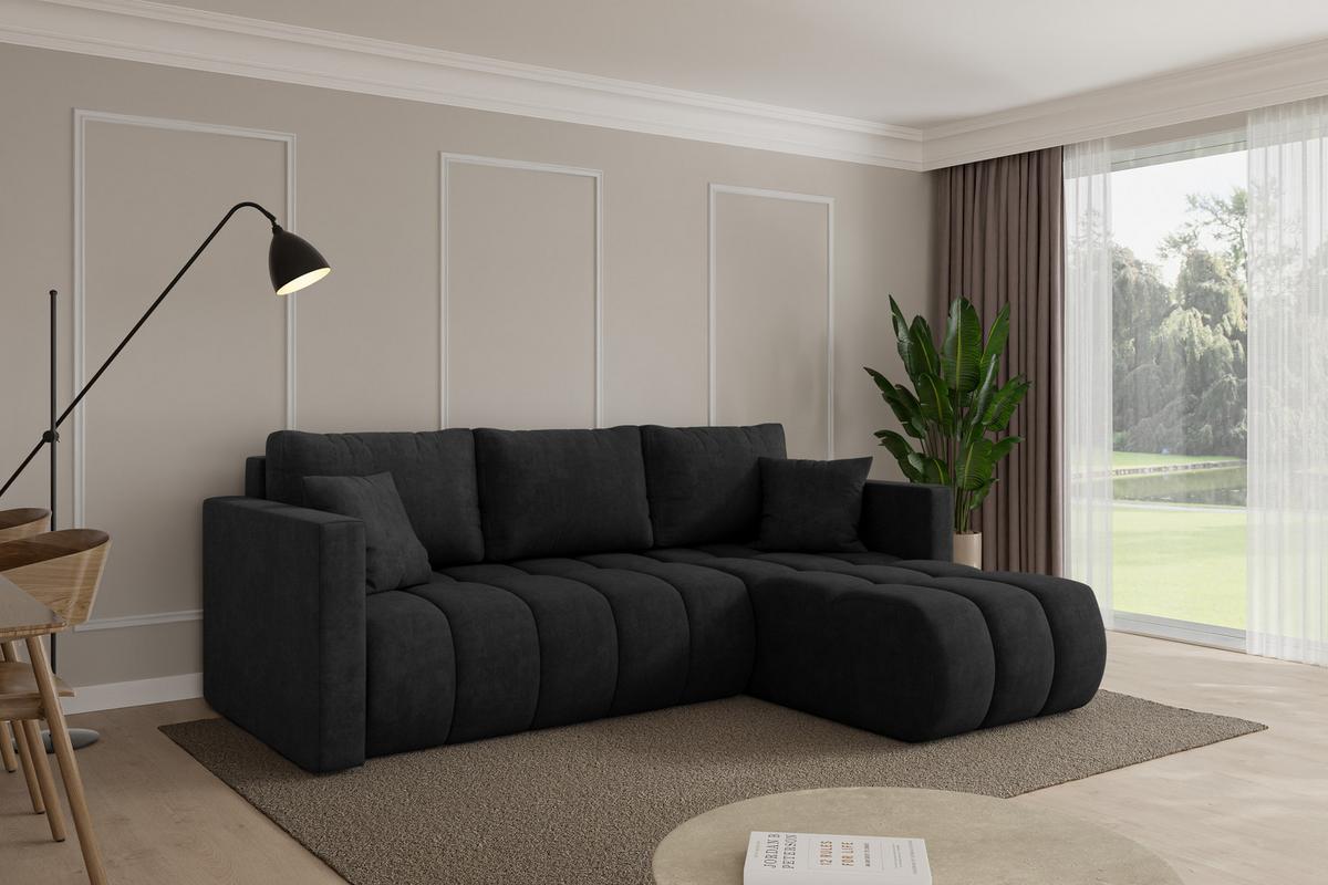 ECKSOFA mit Schlaffunktion Ottomane Rechts GARD-L 226x146x85 Schwarz Velours - Schwarz, Holzwerkstoff/Kunststoff (226/146cm) - ALTDECOR