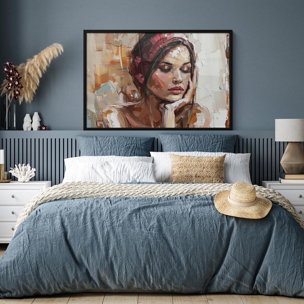 POSTER MIT RAHMENGERAHMTES BILD Frau - Lackierung - Porträt - Modern 120x80 cm - Altrosa, Papier (120/80cm) - MuchoWow