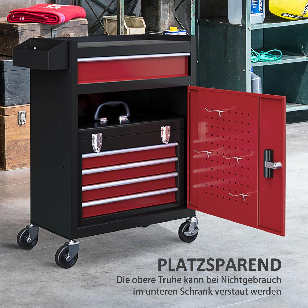 WERKSTATTWAGEN mit Rollen, mit 5 Schubladen, Max. Belastung 130kg, Schwarz+Rot - Rot, Metall (28/102/60cm) - HOMCOM