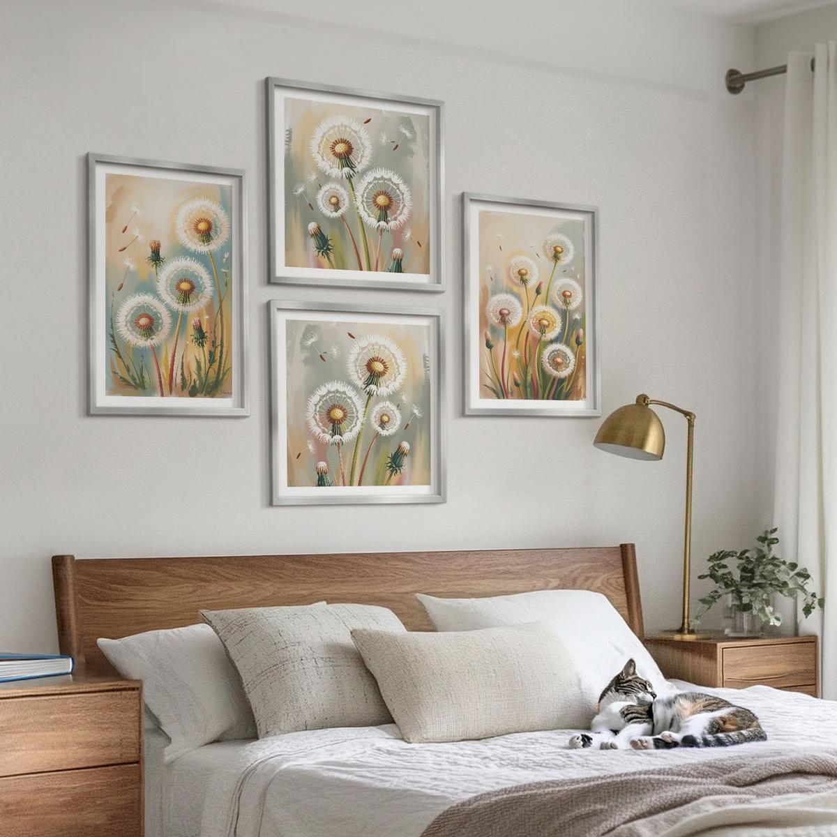 BILDER SET 4er Set - 50x50 cm & 40x60 cm Silberner Rahmen - Löwenzahnblüten, pastellfarbene Gräser - Silberfarben, Kunststoff (50/50cm) - TULUP