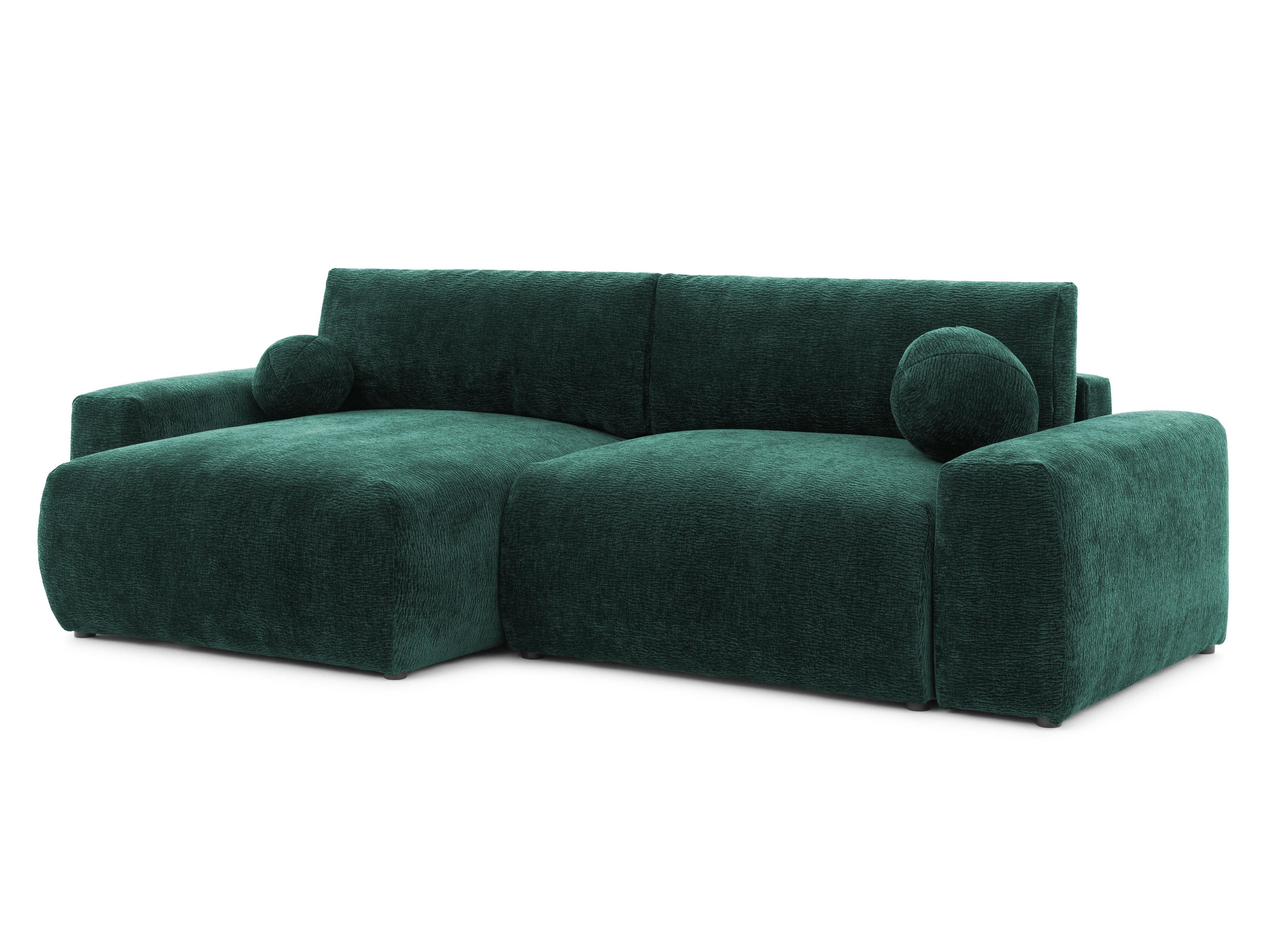 ECKSOFA Puffy mit Schlaffunktion und Bettkasten - weich und puffig aus Grün Chenillegewebe mit markanter Struktur - Ottomane links - Schwarz/Grün, Holz/Kunststoff (138/266cm) - S-Style