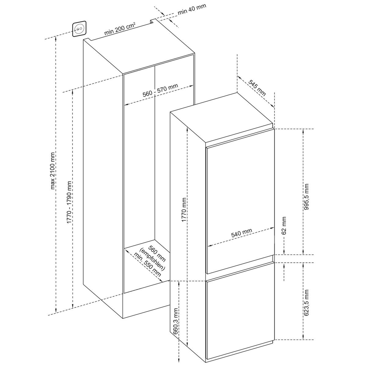 KÜHL-GEFRIER-KOMBINATION, Einbau 178cm Nische, 251 Liter, Less Frost - Weiß, Glas/Kunststoff (54/177/54.5cm) - Telefunken