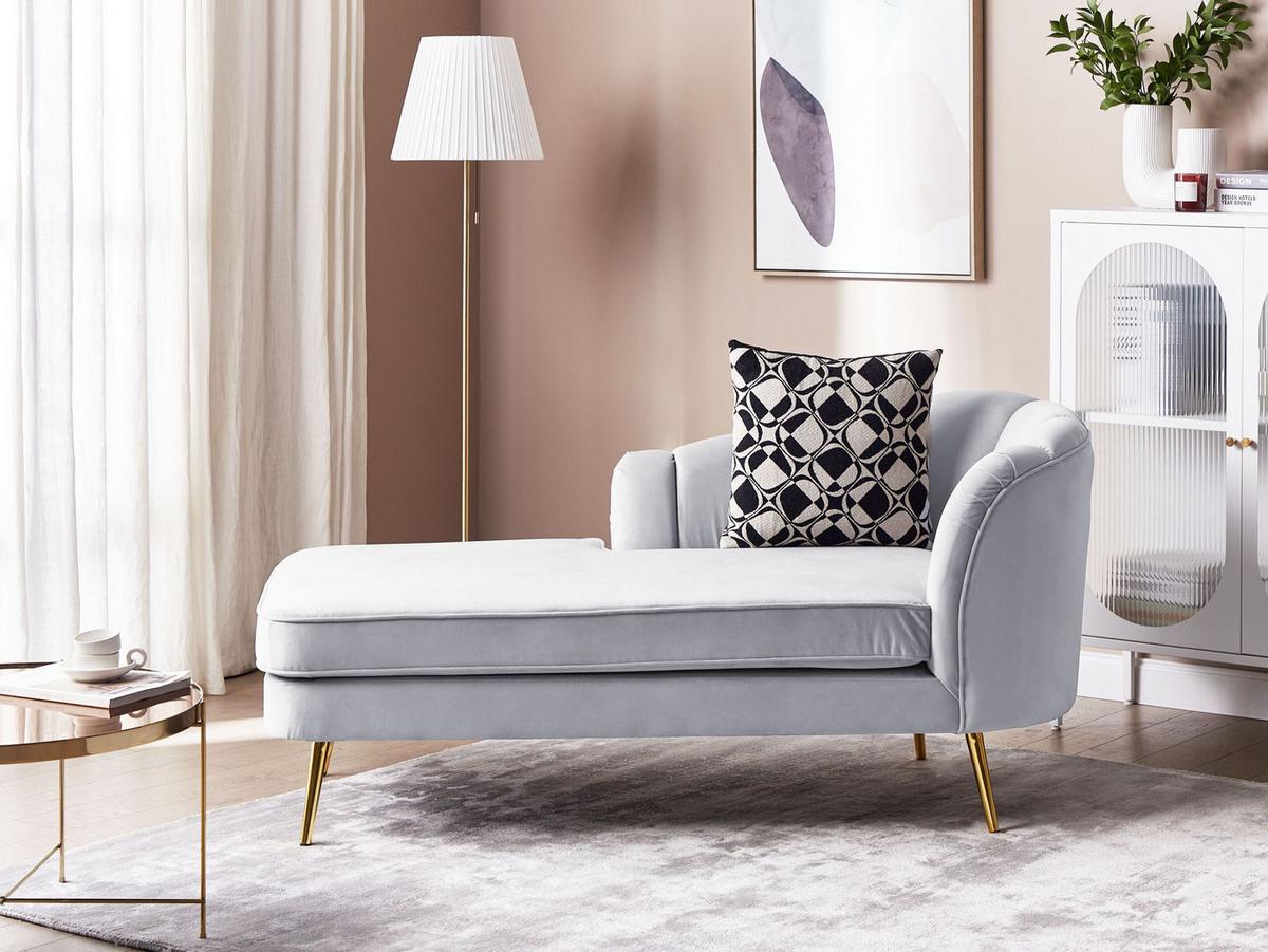 CHAISELONGUE Samtstoff hellgrau rechtsseitig Allier - Goldfarben/Grau, Textil (150/75/76cm) - Beliani