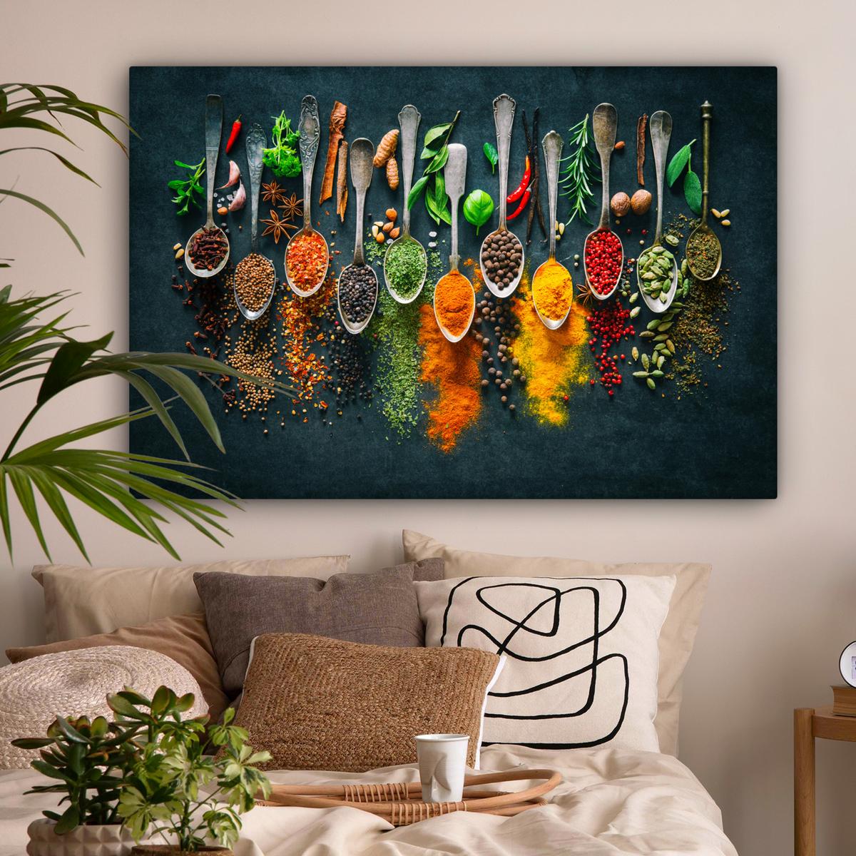 LEINWANDBILD Kräuter - Gewürze - Löffel Groß 140x90 cm - Currygelb, Textil (140/90cm) - MuchoWow