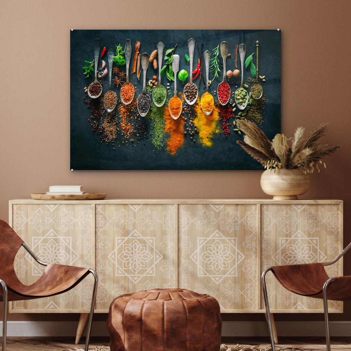 ACRYLGLASBILD Kräuter - Gewürze - Löffel Room Decor 90x60 cm - Currygelb, Glas (90/60cm) - MuchoWow