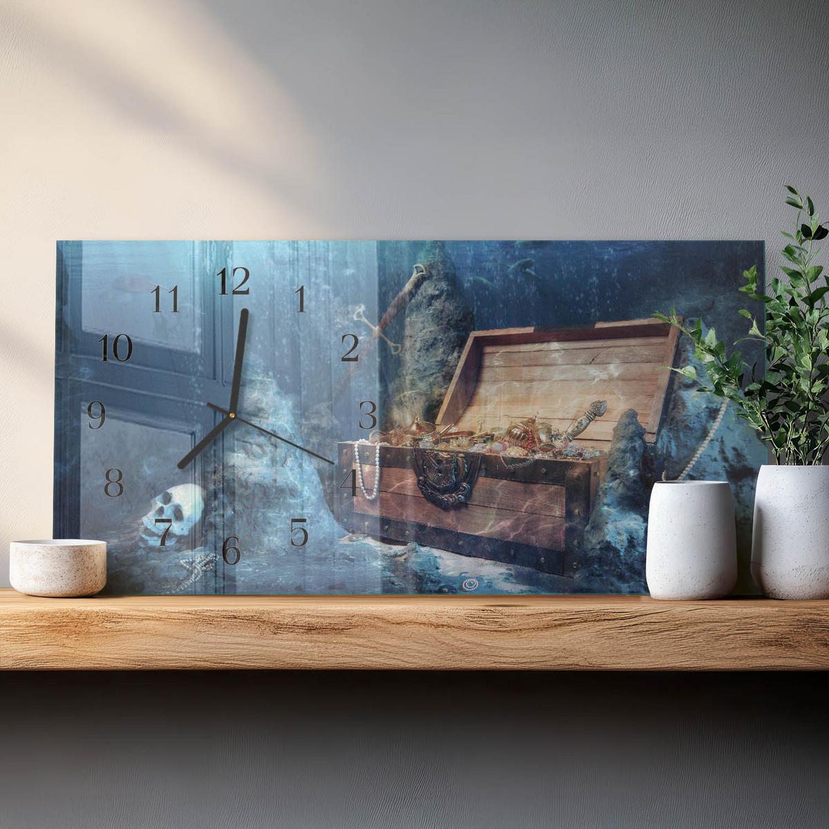 WANDUHR aus Glas 60x30 cm - Unterwasserschätze - Blau, Glas (60/30/0.4cm) - TULUP