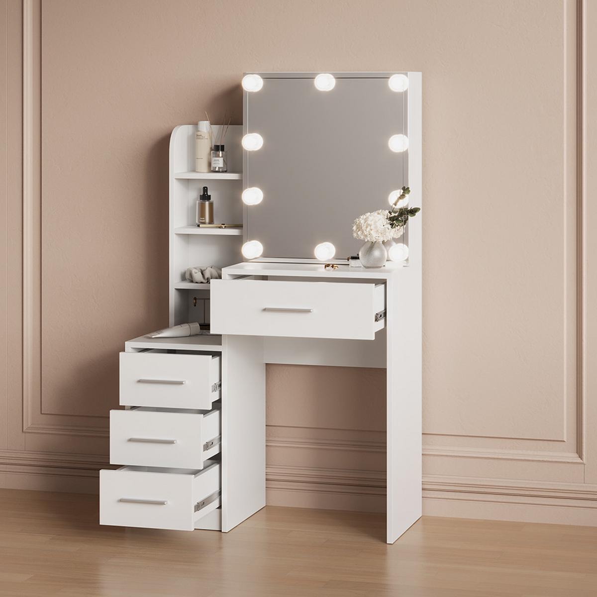 SCHMINKTISCH Loreta Weiß 80 cm mit LED Beleuchtung - Weiß, Holzwerkstoff (80/131.6/36cm) - Livinity®