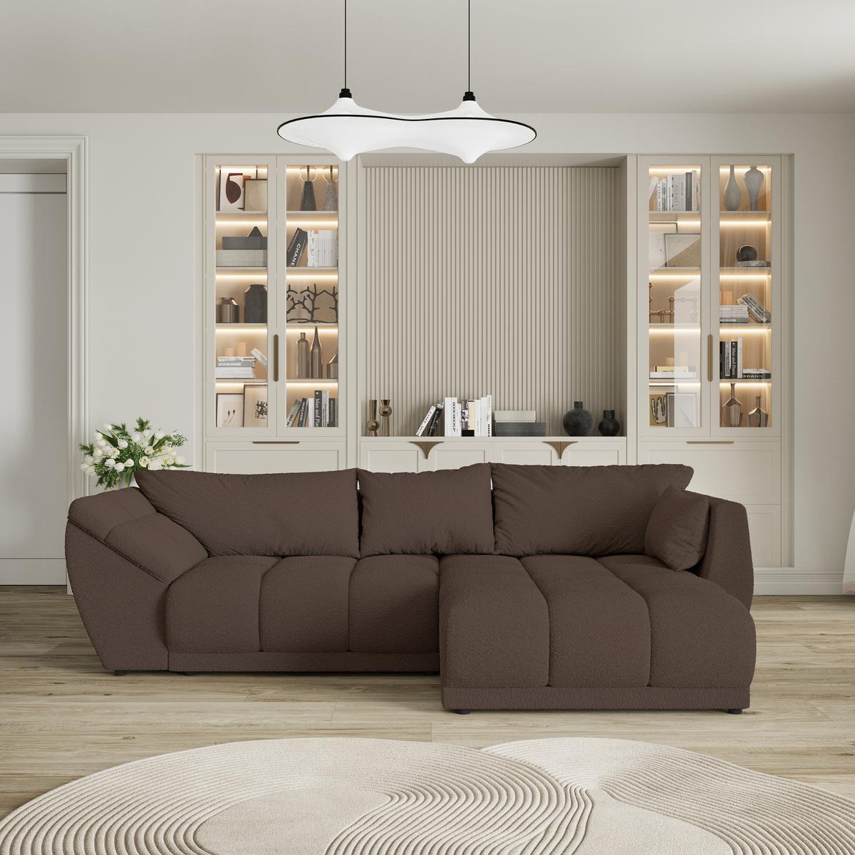 ECKSOFA ORENTI R-S Braun Boucle-Stoff mit Schlaffunktion - Braun, Holz (287/182cm) - MASSENO
