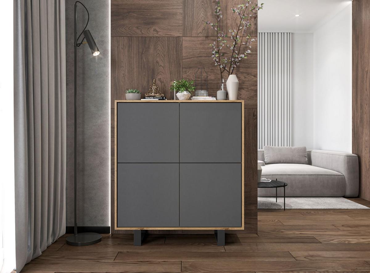 KOMMODE Apollo 4D Eiche wotan Graphit Matt 113/127/35 cm - Graphitfarben/Schwarz, Holzwerkstoff/Metall (113/127/35cm) - Meble Lindner