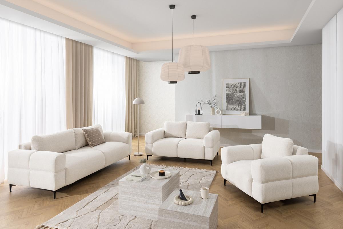 SESSEL Cardea in Bubble-Optik aus weichem Creme Strukturstoff mit hohem Sitzkomfort - Creme/Schwarz, Holz/Textil (102/80/97cm) - S-Style Möbel