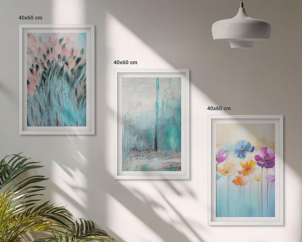 BILDER SET 3er Set - 40x60 cm Weißer Rahmen - Hintergrundmuster mit Pastellblumen - Weiß, Kunststoff (40/60cm) - TULUP