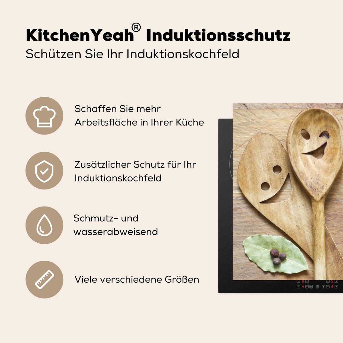 HERDABDECKPLATTE Holz - Löffel - Braun - Smiley Induktionsschutz 91.2x52 cm - Hellbraun, Kunststoff (91.2/52/0.2cm) - MuchoWow