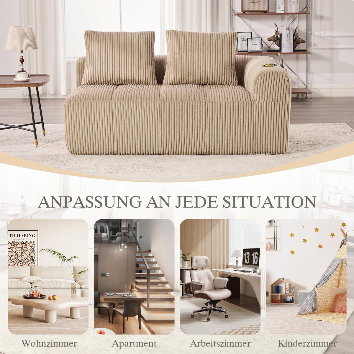 CHAISELONGUE in Cord Übergroßer Relaxsessel mit Seitentaschen - Taupe, Textil (158/61/93cm) - Urban Meuble