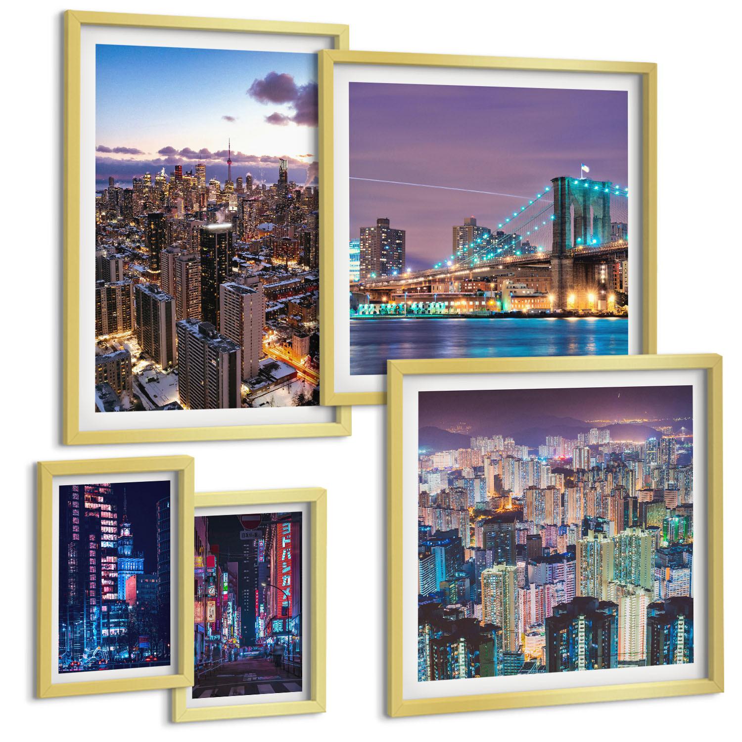 BILDER SET 5er Set - 50x50 cm & 20x30 cm & 40x60 cm Goldrahmen - Bergblumen Himmelsweg - Goldfarben, Kunststoff (40/60cm) - TULUP