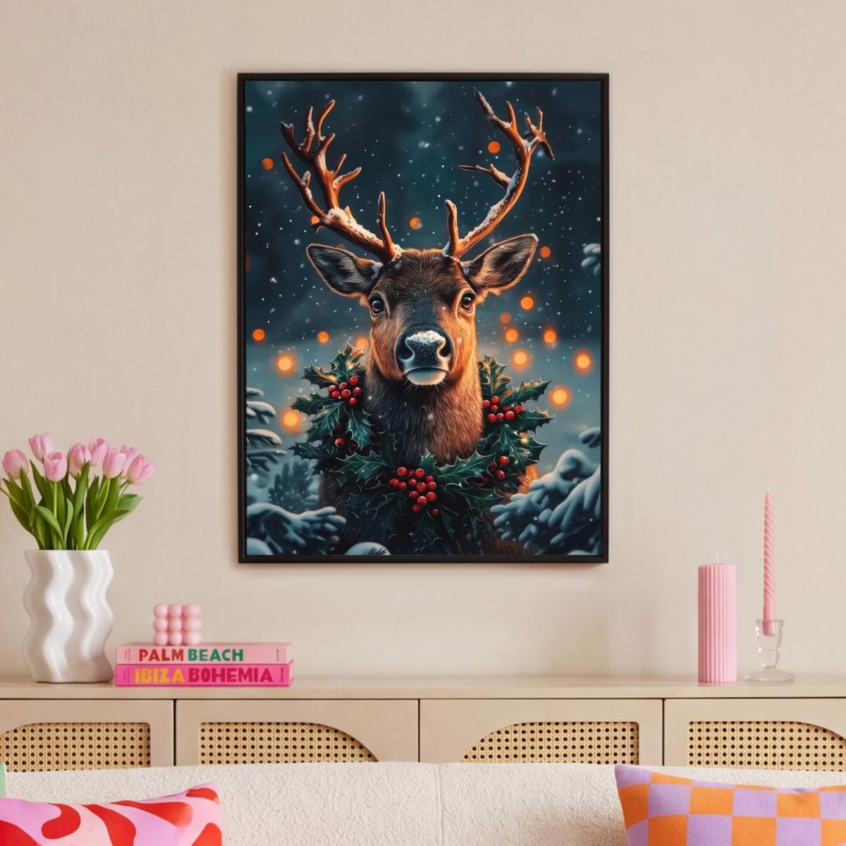 LEINWAND Bilder mit Rahmen - Hirsch - Weihnachten - Winter - Schnee - Weihnachtskranz - 70x100 - Dunkelbraun, Textil (70/100cm) - MuchoWow