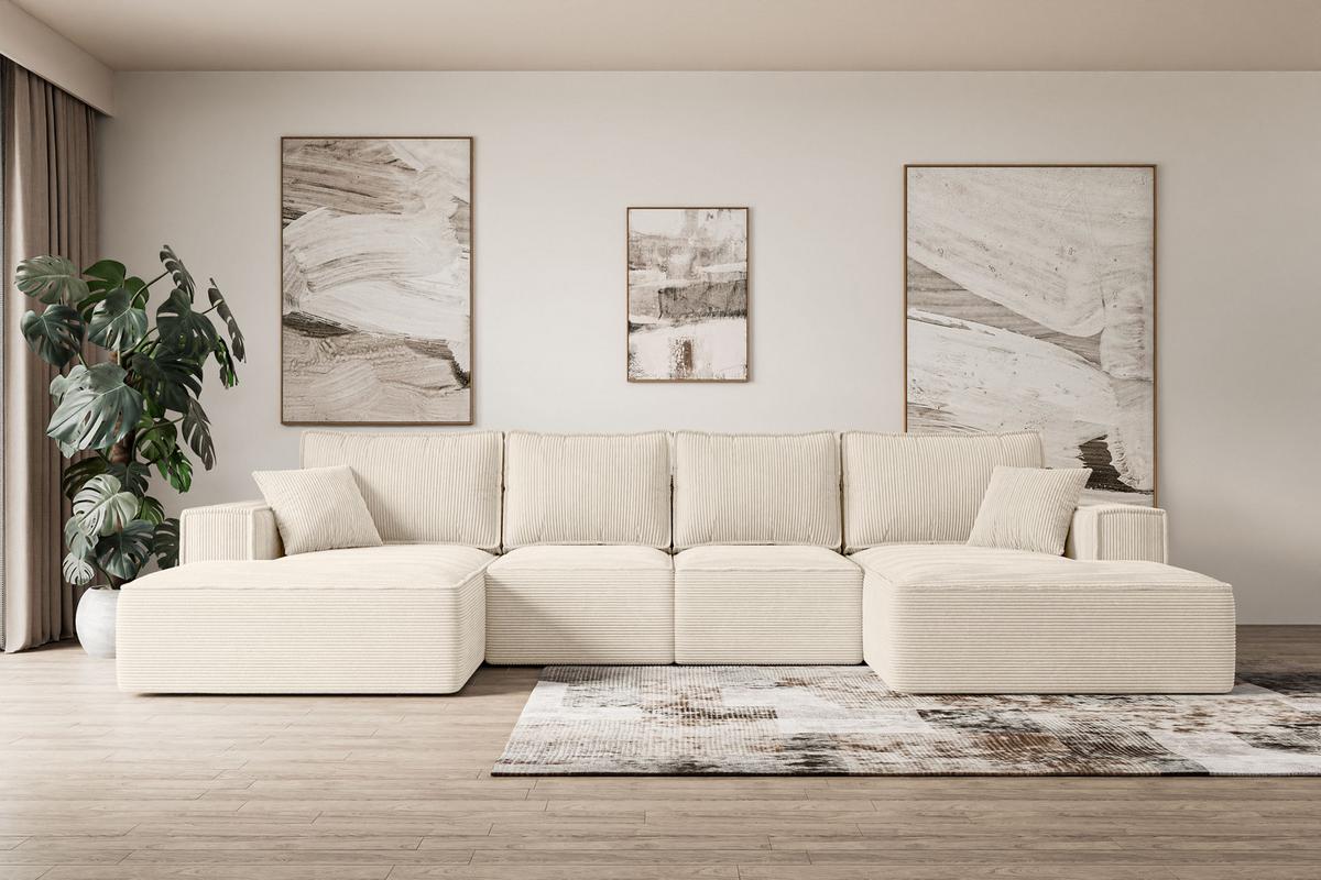 WOHNLANDSCHAFT mit Schlaffunktion und Bettkasten SIERRA-U-S - 349x161x87 cm Beige Cord - Beige/Schwarz, Holzwerkstoff/Kunststoff (349/87/161cm) - ALTDECOR
