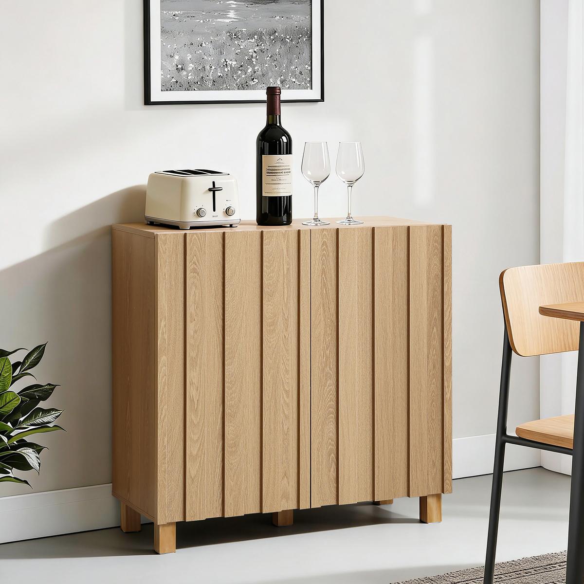 SIDEBOARD Holz mit 2 Türen und Füßen aus Kiefernholz | B80 x T35 x H80 cm - Eichefarben, Holz/Holzwerkstoff (80/80/35cm) - Hometopia