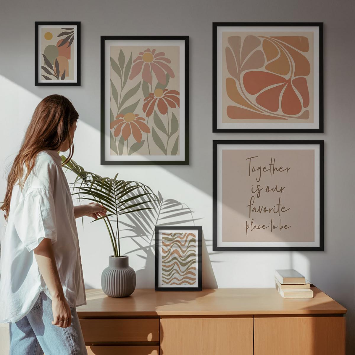 BILDER SET 5er Set - 50x50 cm & 20x30 cm & 40x60 cm Schwarzer Rahmen - Abstrakte Pastellblumen - Schwarz, Kunststoff (40/60cm) - TULUP