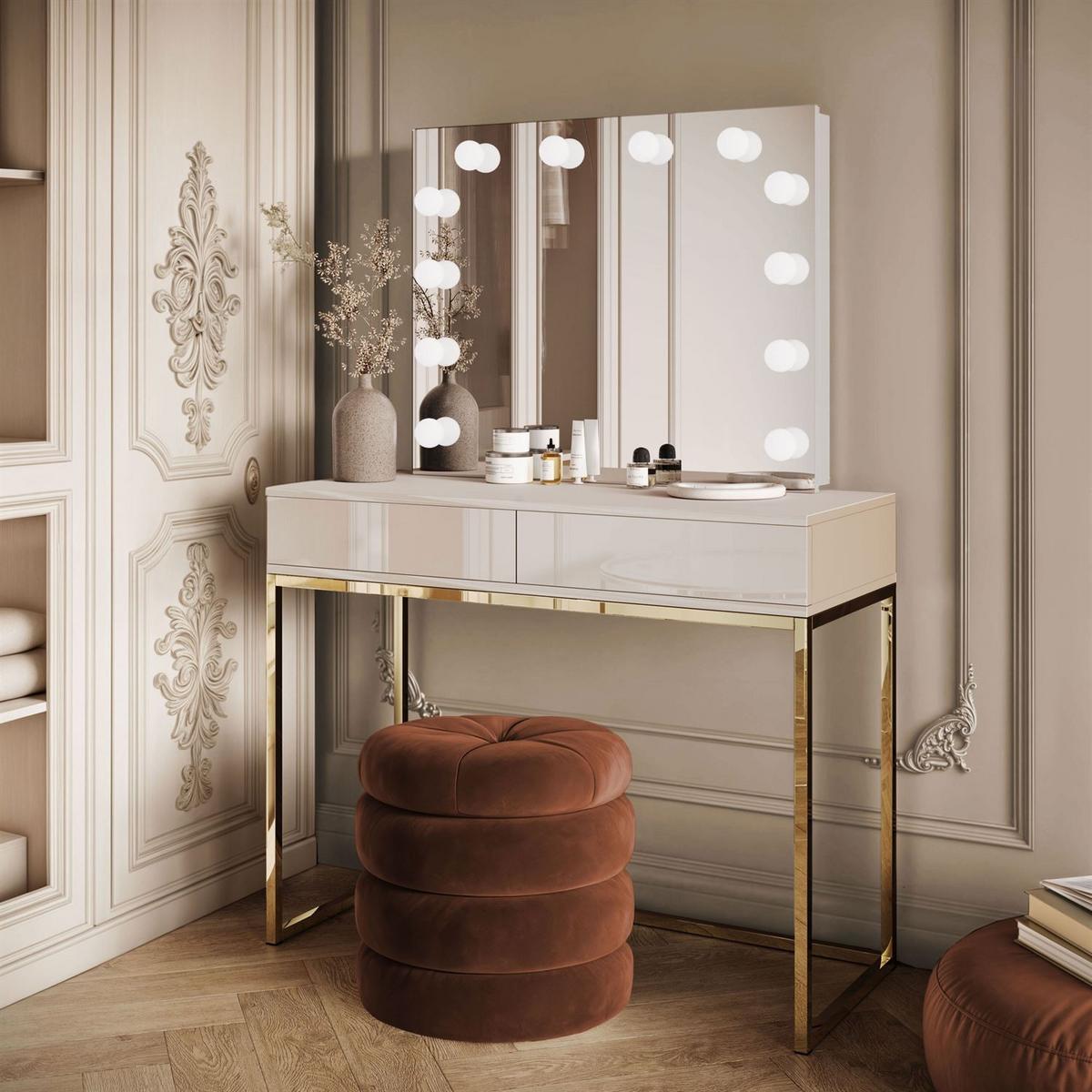 SCHMINKTISCH BLANCO KASCHMIR ELITE mit Spiegel und Beleuchtung goldener Chrom PUSH OPEN - Kaschmir, Holzwerkstoff (100/81/42cm) - Lookway