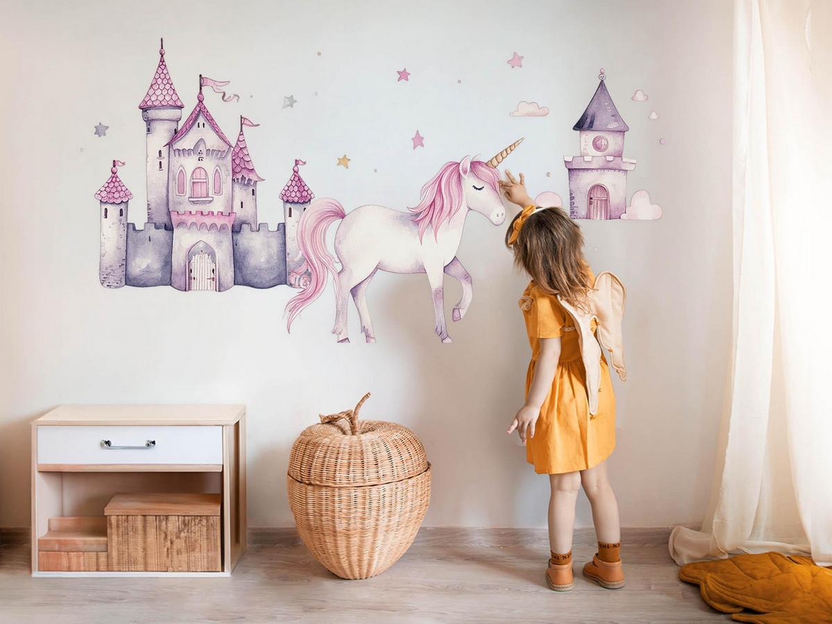 WANDAUFKLEBER 100x164cm - Einhornschloss und Ballons - Multicolor, Kunststoff (100/164/0.1cm) - Wallfluent