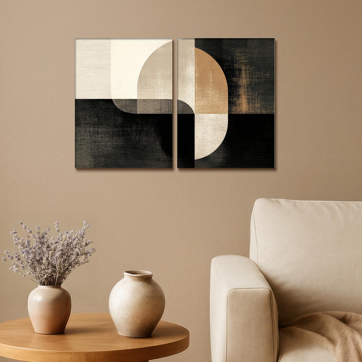 LEINWANDBILD 2er Set Formen - Abstrakt - Gold 60x40 cm - Schwarz, Textil (60/40cm) - MuchoWow