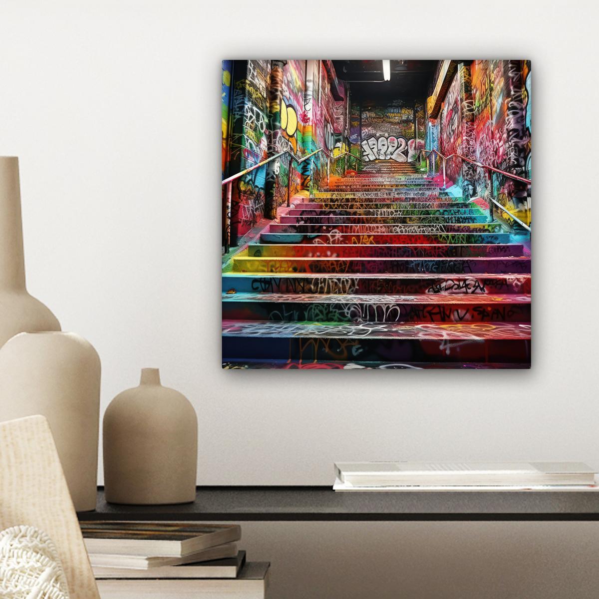 LEINWANDBILD Treppe - Graffiti - Farben - Kunst Deko Wohnzimmer 20x20 cm - Multicolor, Textil (20/20cm) - MuchoWow