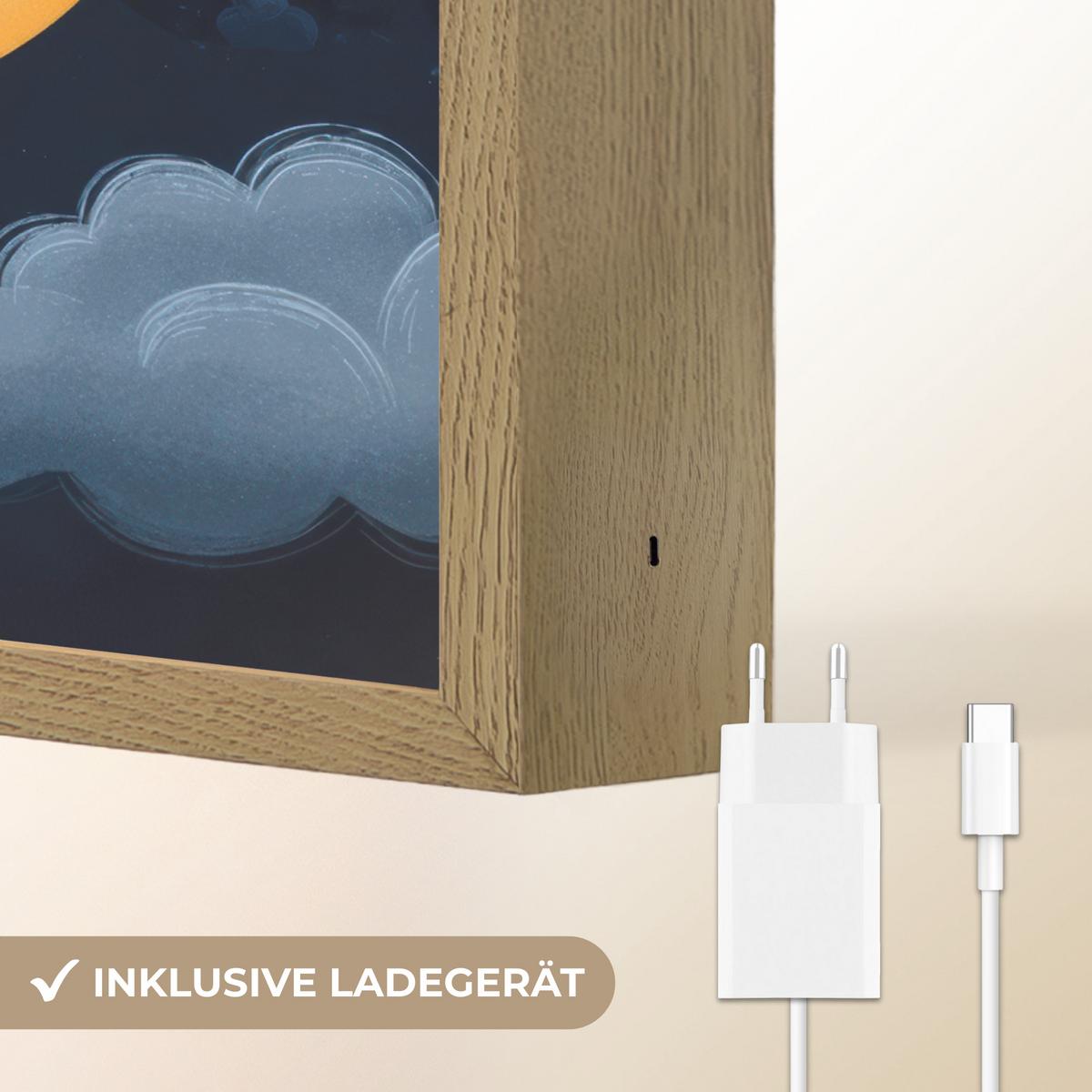 WANDLEUCHTE MIT AKKU Teddybär - Mond - Wolken - Sterne 30x40 cm - Dunkelblau, Holzwerkstoff (30/40/8cm) - OnlyWow