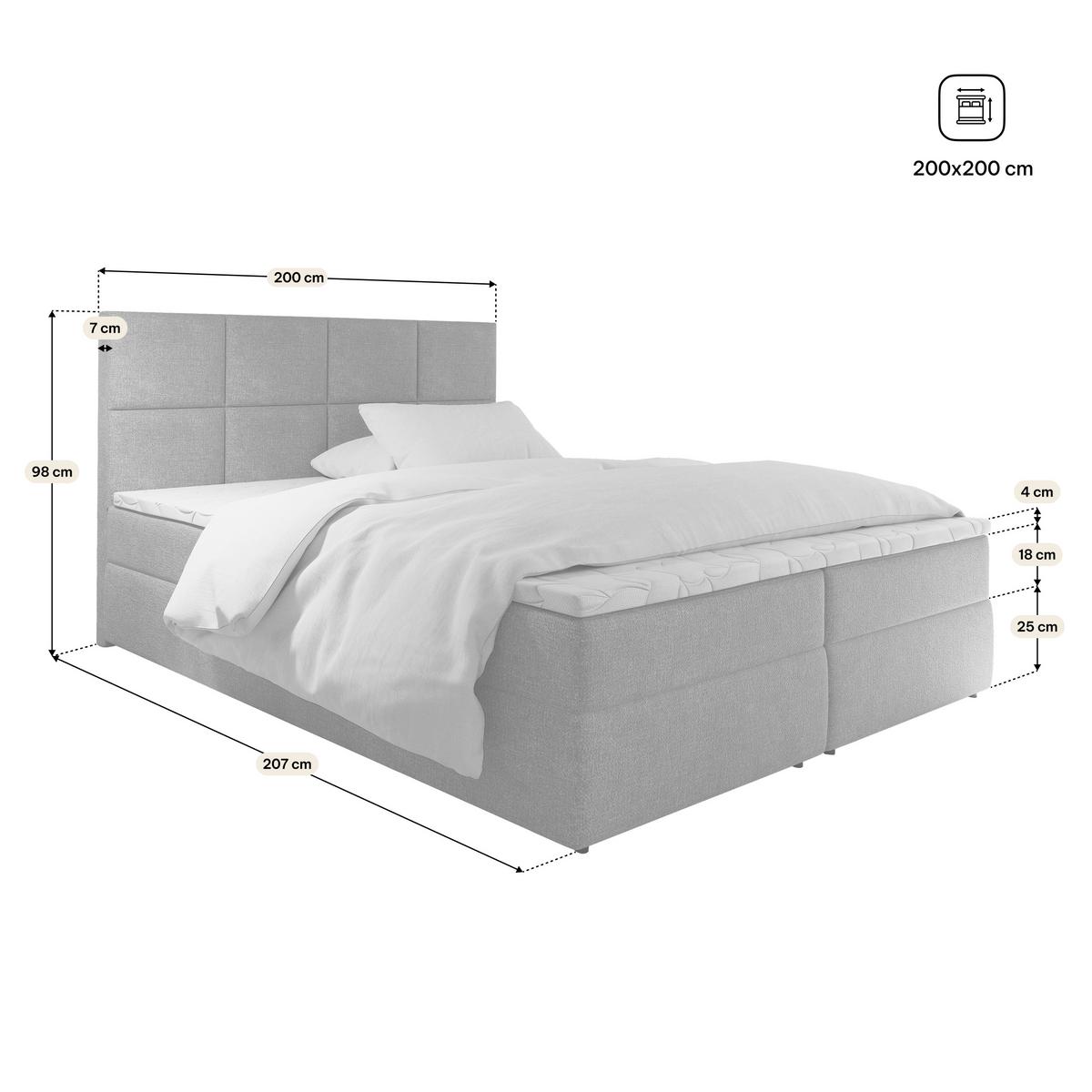 BOXBETT LENA 200x200 cm mit Matratze und Topper, H2+H3 - Grau - Grau, Holz (200/200cm) - MASSENO