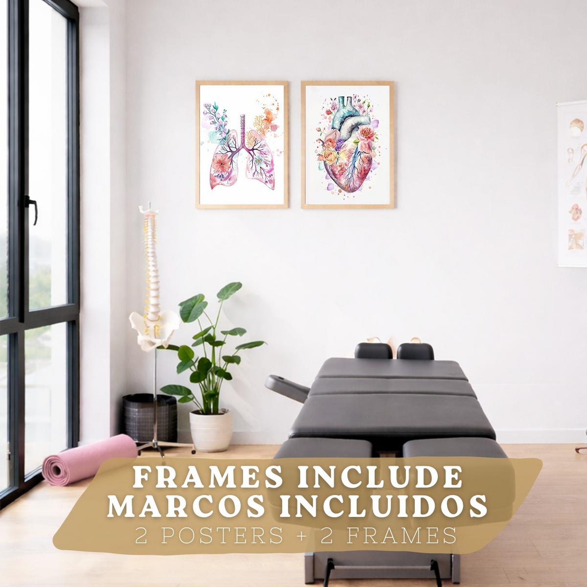POSTER Set aus 2 Anatomie Mensch Drucke und Wandbilder mit Herz und Atmungssystem Floraler Stil Wanddekoration Größe Leichter Holzrahmen A4 - Beige, Papier (21/29.7/3cm) - Nacnic