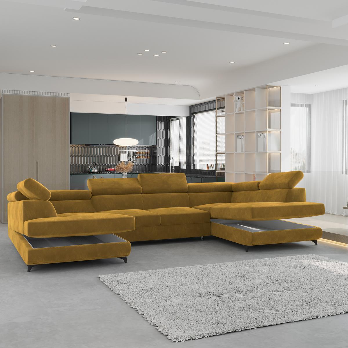 WOHNLANDSCHAFT VINTESSA Gelb Velours-Stoff mit Schlaffunktion - Gelb, Holz (323/89/190cm) - MASSENO