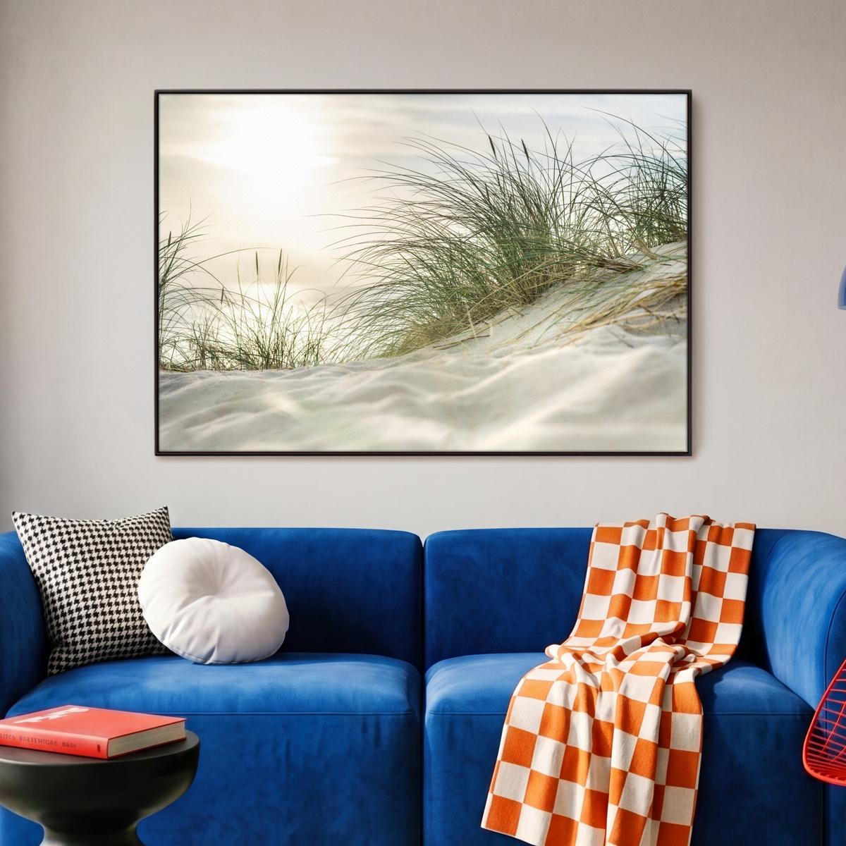 LEINWAND Bilder mit Rahmen - Dünen mit Strandhafer in der Sonne des Nationalparks Schleswig-Holsteinisches Wattenmeer - 90x60 - Creme, Textil (90/60cm) - MuchoWow