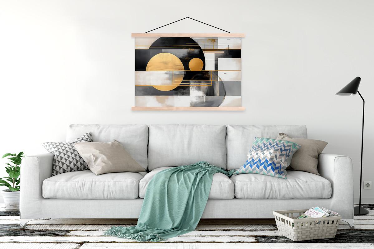 POSTER MIT MAGNETLEISTEN Abstrakt - Gold - Silber - Formen - Ästhetisch - Modern Magnetleiste 120x80 cm - Goldfarben, Textil (120/80/0.15cm) - MuchoWow