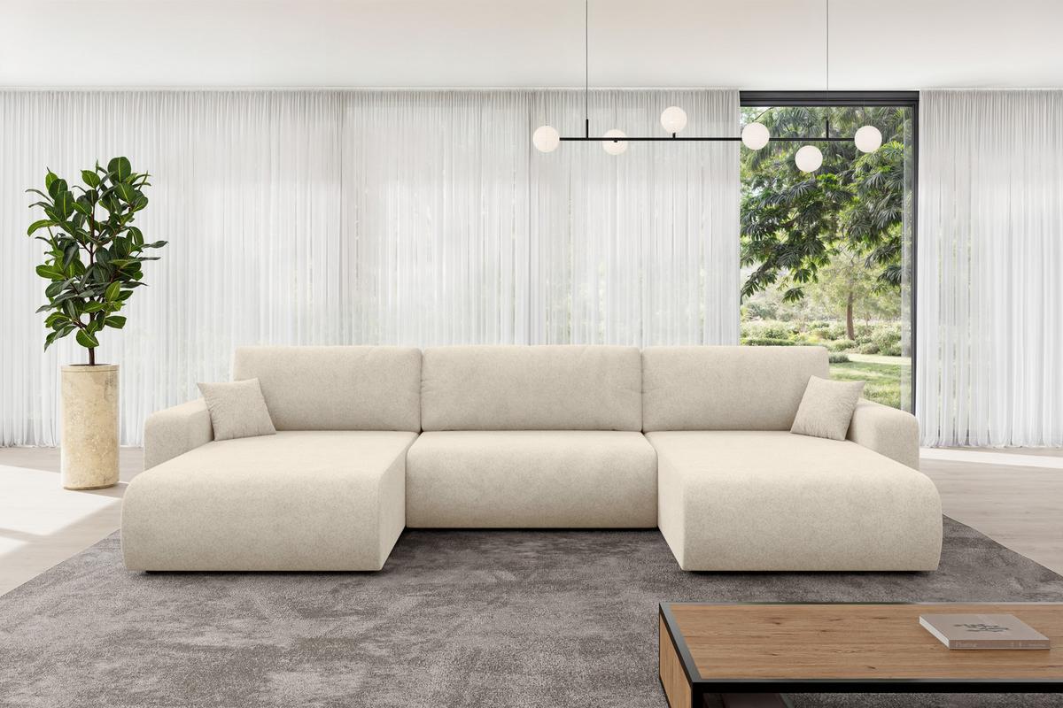 WOHNLANDSCHAFT mit Schlaffunktion und Bettkasten BERY-U 377x193x88 Creme Velours - Creme/Schwarz, Holzwerkstoff/Kunststoff (377/88/193cm) - ALTDECOR