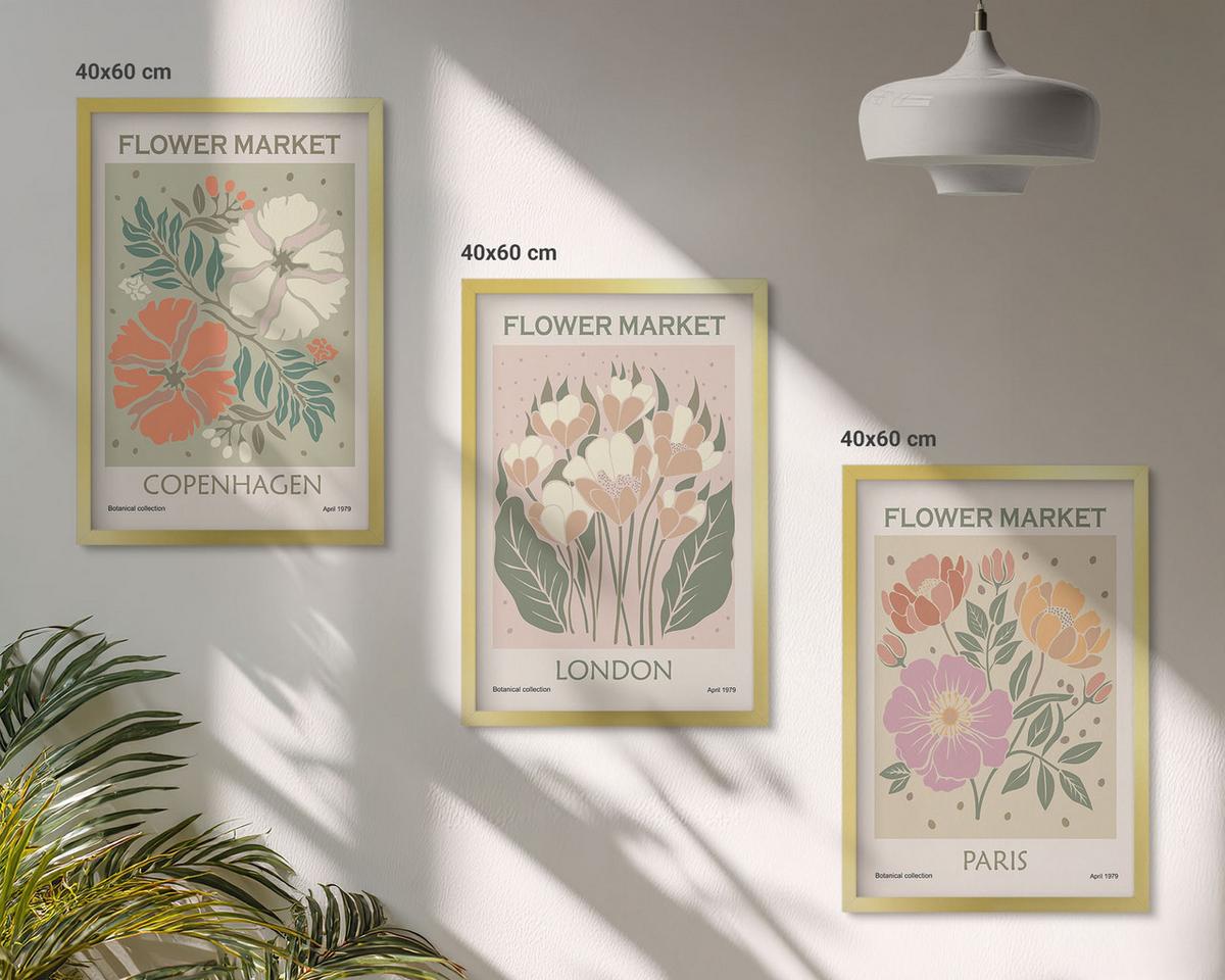 BILDER SET 3er Set - 40x60 cm Goldrahmen - Blumenposter Kopenhagen London Paris - Goldfarben, Kunststoff (40/60cm) - TULUP