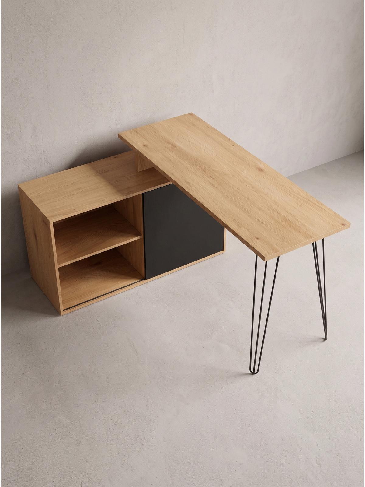 SCHREIBTISCH BRADANO, MDF, mit Ablagen, Eiche-Schwarz, 130 x 110 x 74,5 cm - Schwarz/Braun, Holzwerkstoff/Metall (110/130/74.5cm) - KADIMA DESIGN