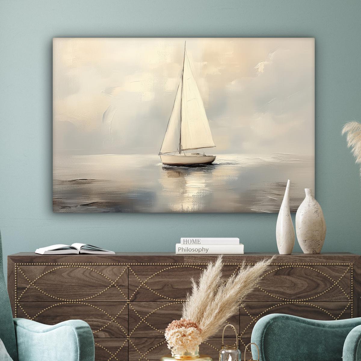 LEINWANDBILD Segelschiff - Meer - Bewölkt Wohnzimmer Groß 120x80 cm - Creme, Textil (120/80cm) - MuchoWow