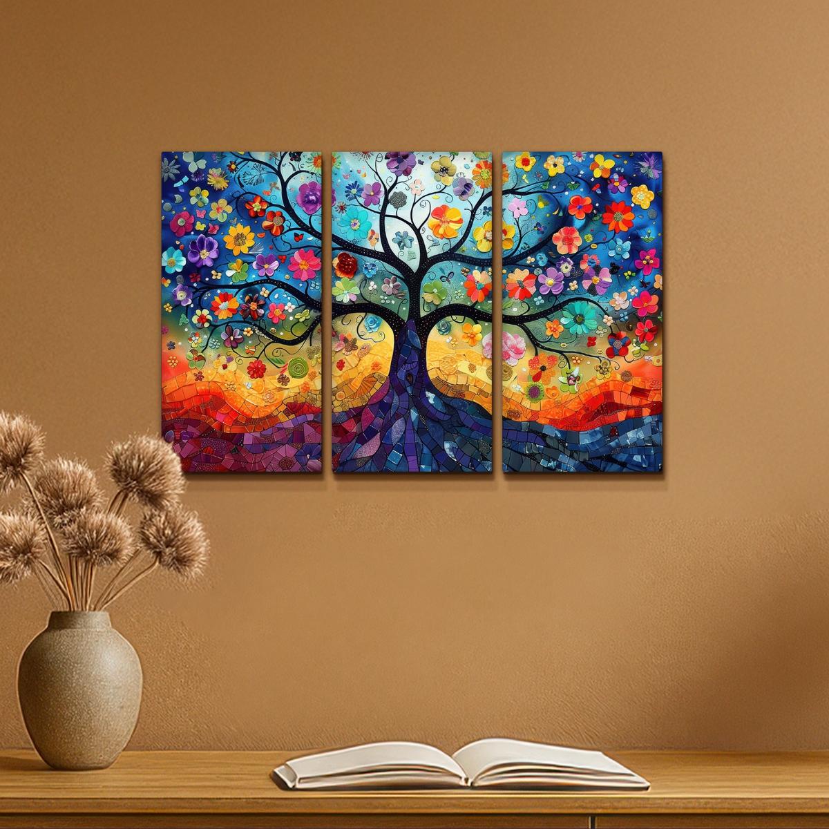LEINWANDBILD 3er Set Bunt - Baum des Lebens - Blumen - Abstrakt 60x40 cm - Blau, Textil (60/40cm) - MuchoWow