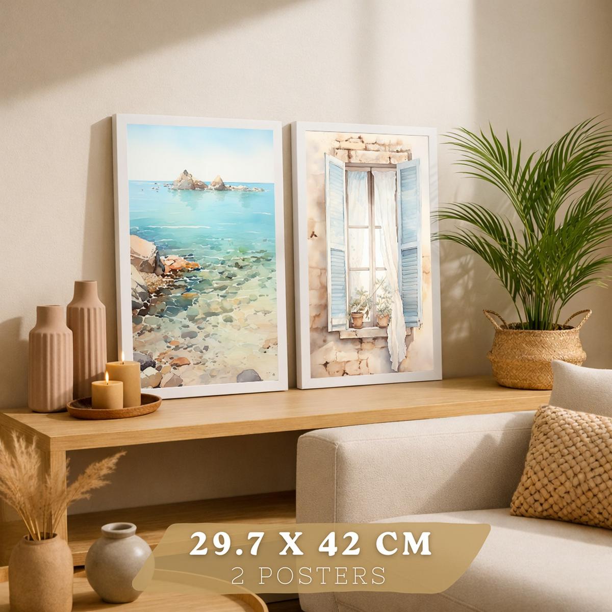 POSTER 3er Bilder-Set Wandbilder Meer Relax modern ohne Rahmen – Wohnzimmer Deko, Schlafzimmer, Küche, Badezimmer Weißer Rahmen A4 - Weiß, Papier (29.7/1/21cm) - Nacnic