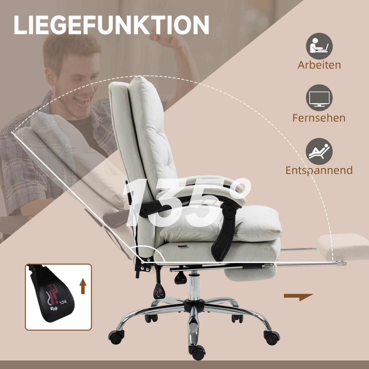 BÜROSTUHL mit Massagefunktion, Ergonomisch Schreibtischstuhl mit Liegefunktion - Weiß, Kunststoff (72/117/65cm) - Vinsetto