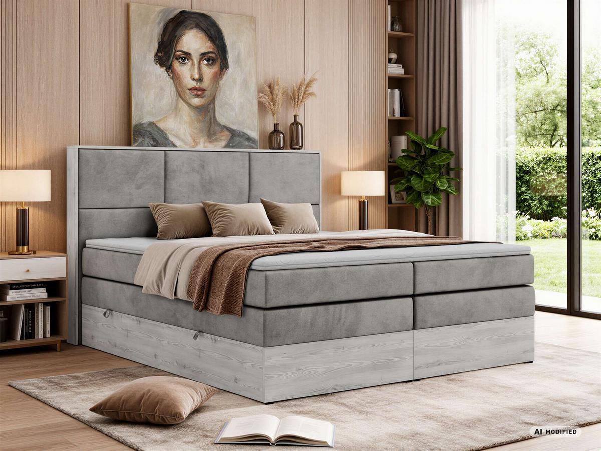 BOXSPRINGBETT DELNOR KING 140/200 - Hellgrau Velvet - Topper Visco - H3 - Hellgrau/Schwarz, Kunststoff/Textil (140/200cm) - MKS
