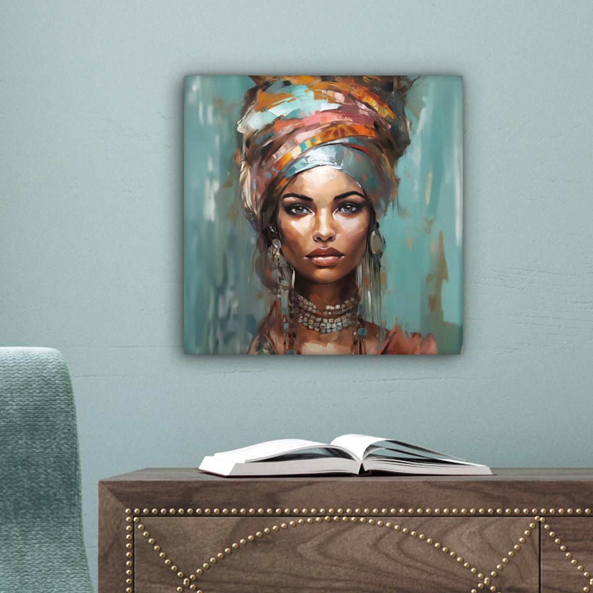 LEINWANDBILD Frau - Kunst - Schmuck - Porträt Deko Wohnzimmer 20x20 cm - Blaugrau, Textil (20/20cm) - MuchoWow
