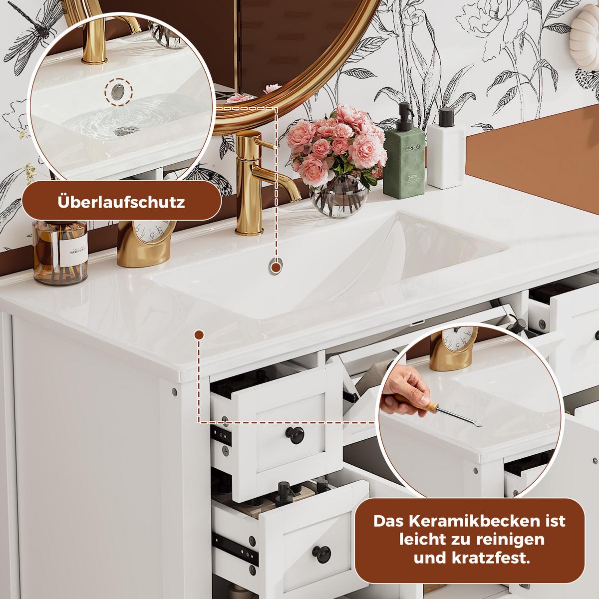 WASCHTISCH Freistehend Weiß mit Keramikbecken, 6 Schubladen & Regal - Weiß, Holzwerkstoff (91.5/90/46.5cm) - Urban Meuble