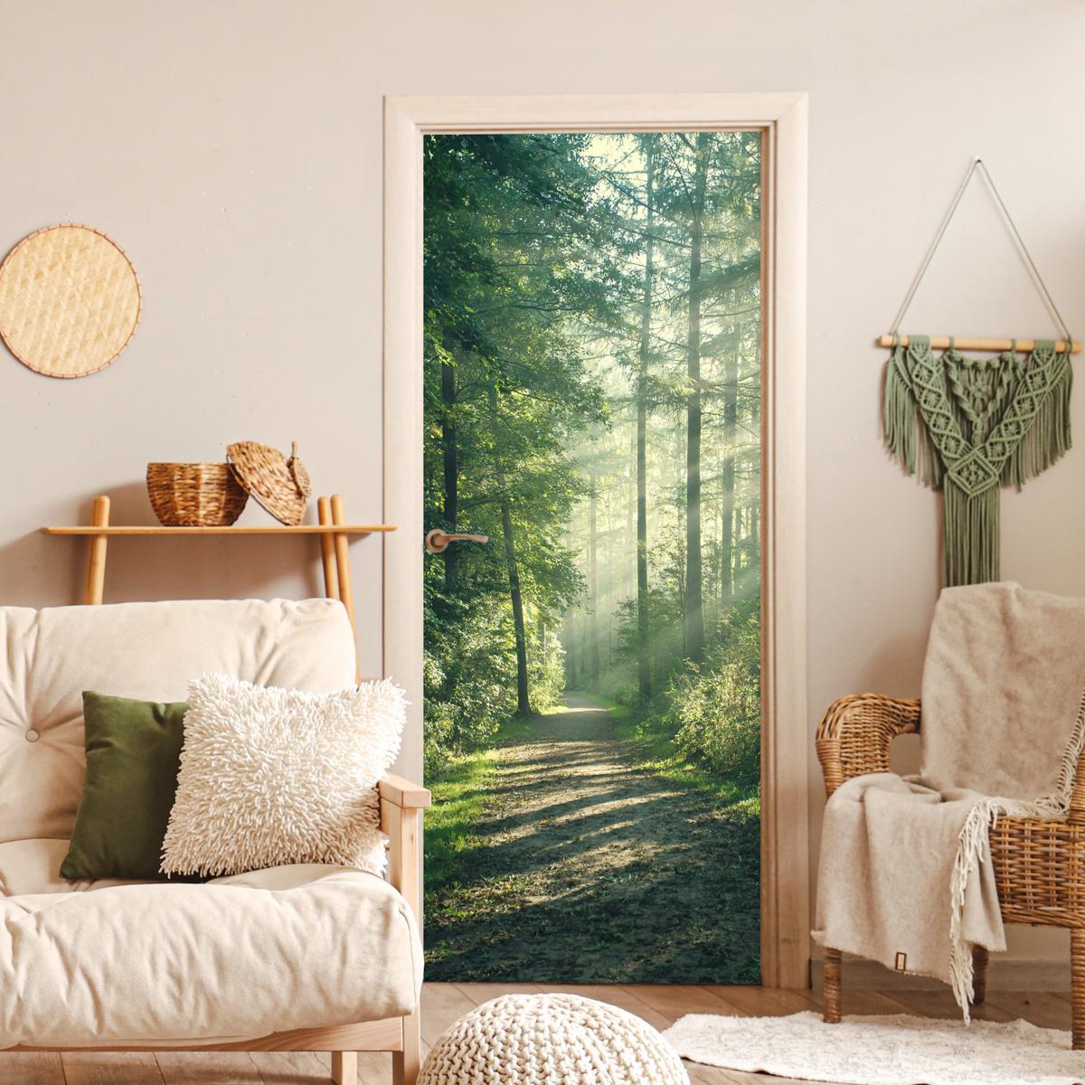 TÜRAUFKLEBER Wald - Weg - Sonne - Bäume - Grün - Natur Room Decor 85x205 cm - Türtapete - Waldgrün, Kunststoff (85/0.1cm) - MuchoWow