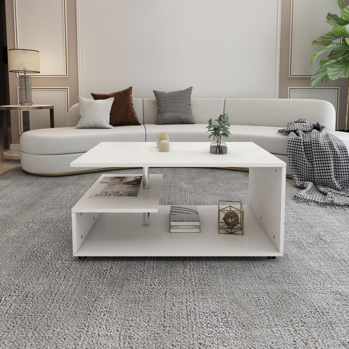 COUCHTISCH Weiß 91x41x52,6 cm Holz mit Metall Dekostange - Weiß, Holzwerkstoff (52.6/91/41cm) - ML-DESIGN
