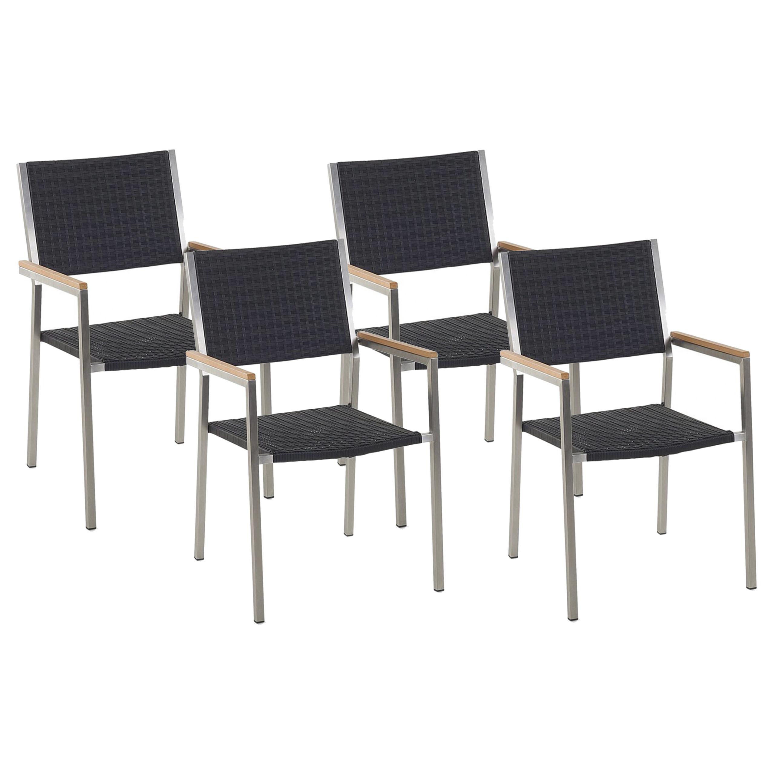 GARTENSTUHL 4er-Set Rattan Edelstahl Grosseto - Silberfarben/Schwarz, Kunststoff (55/87/58cm) - Beliani