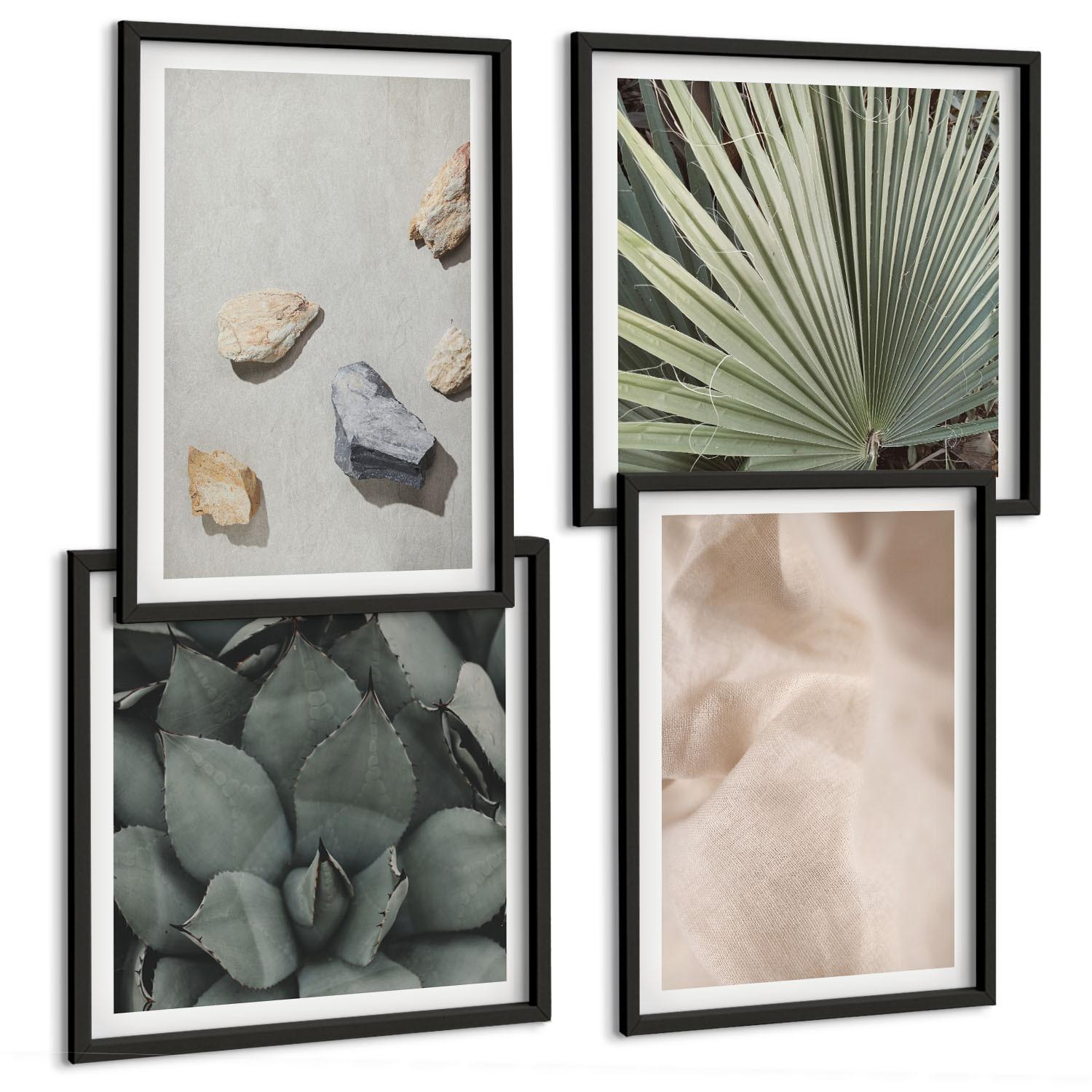 BILDER SET 4er Set - 50x50 cm & 40x60 cm Schwarzer Rahmen - Steine, Holz, Stofftexturen - Schwarz, Kunststoff (50/50cm) - TULUP