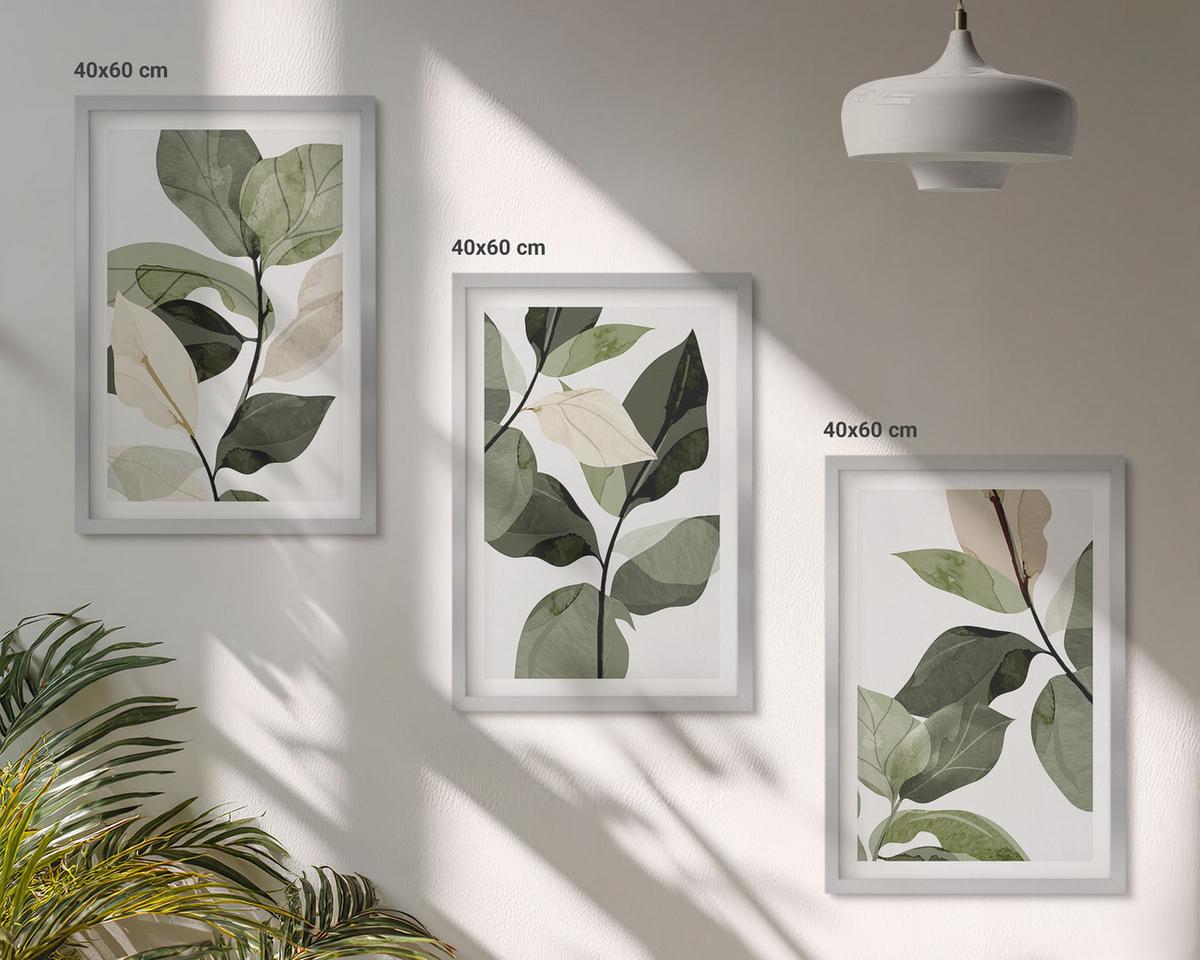 BILDER SET 3er Set - 40x60 cm Silberner Rahmen - Bemalte Boho-Pflanzenblätter - Silberfarben, Kunststoff (40/60cm) - TULUP
